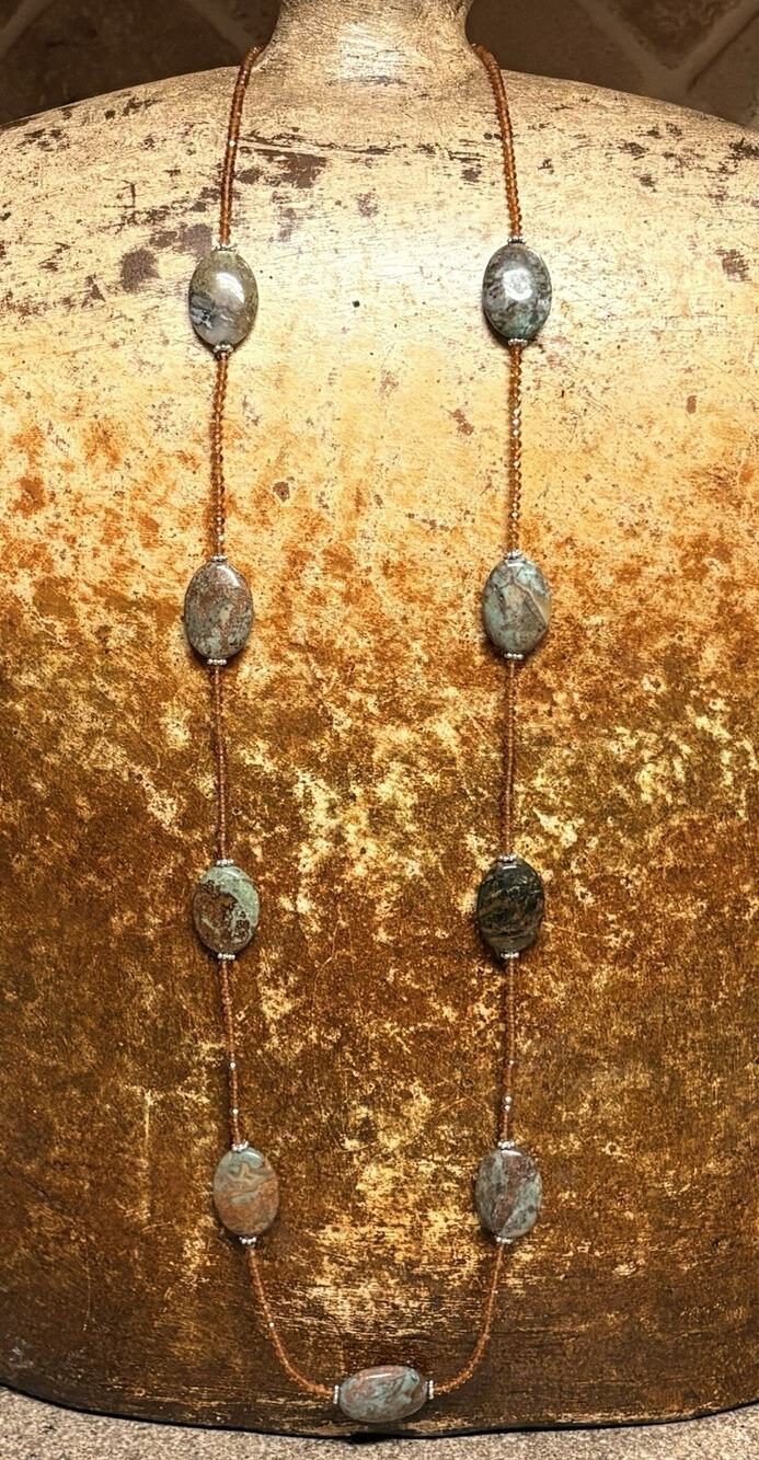 UTC Sterling Silver, Burnt Ornage Crystals and Jasper Necklace 36 Inches